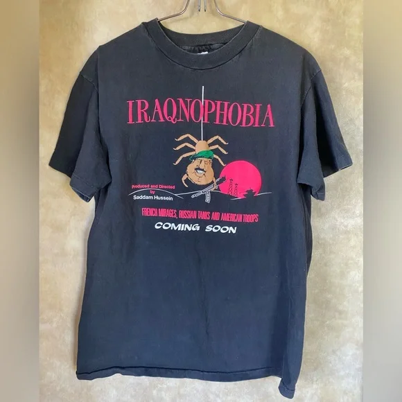 Vintage 90s Faded Black “Iraqnophobia” War Prop. Novelty Graphic Tee Hanes Beefy - Picture 1 of 5